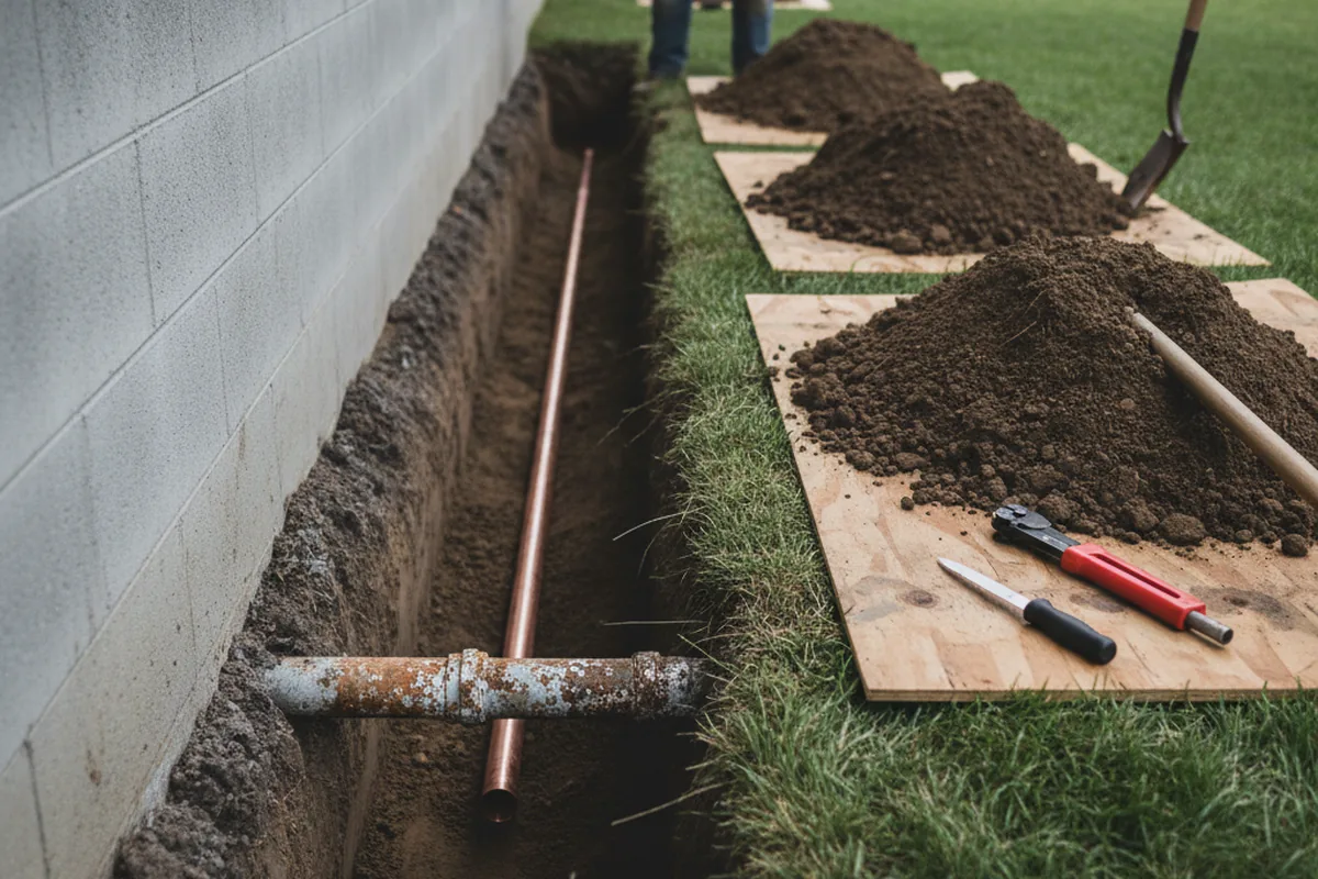 Excavated water line trench during Water Softener Installation in Ringoes